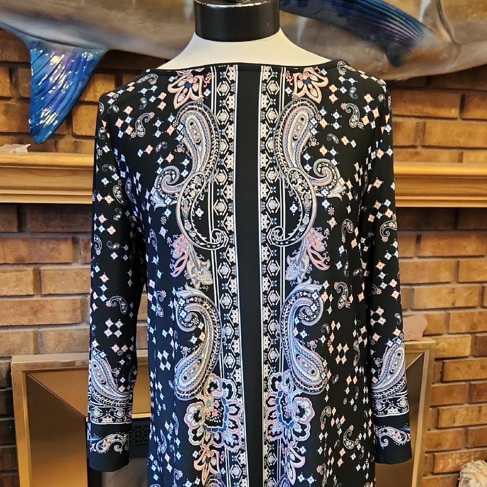White House Black Market Black Paisley Print Shift Dress Size XL Midi Casual